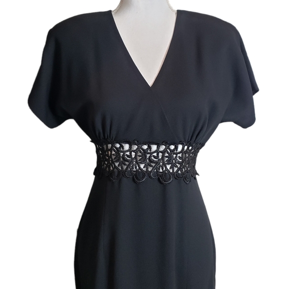 Vintage Black Maxi Dress Size 6 Embroidered Sheer Cut-Out Waist Front Slit 80s - Picture 2 of 16